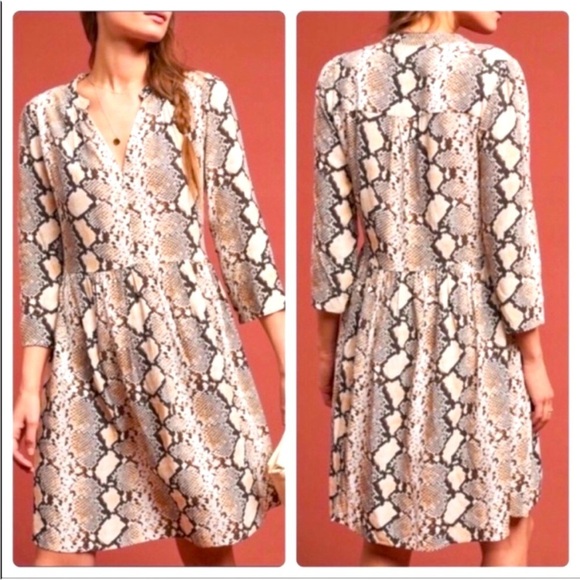Maeve Anthropologie Women's Sz S Juno Tan Python Snake Print Dress 3/4 Sleeve - Picture 2 of 15